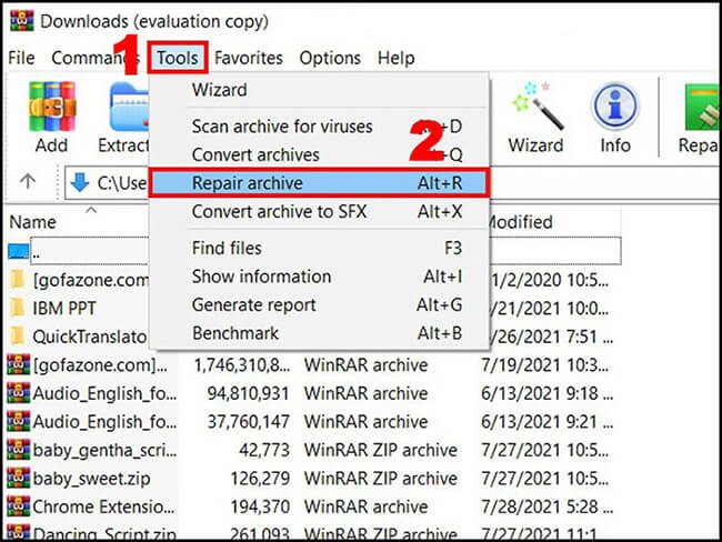 Sửa lỗi the archive is either in unknown format or damaged bằng winrar