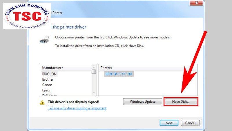 Ở hộp thoại Install the printer driver, nhấn Have Disk.