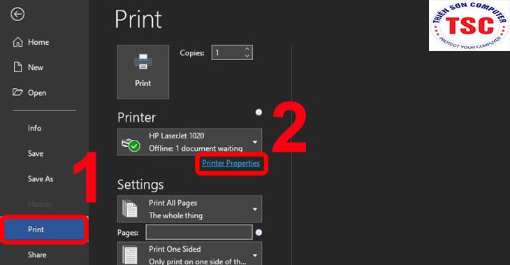 Nhấp Printer Properties nằm dưới tên máy in.