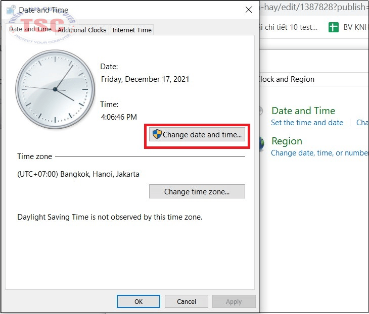 Chọn mục Change date and time để thay đổi thời gian trên máy tính.