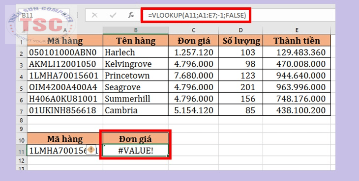 Lỗi #VALUE! khi dùng hàm VLOOKUP