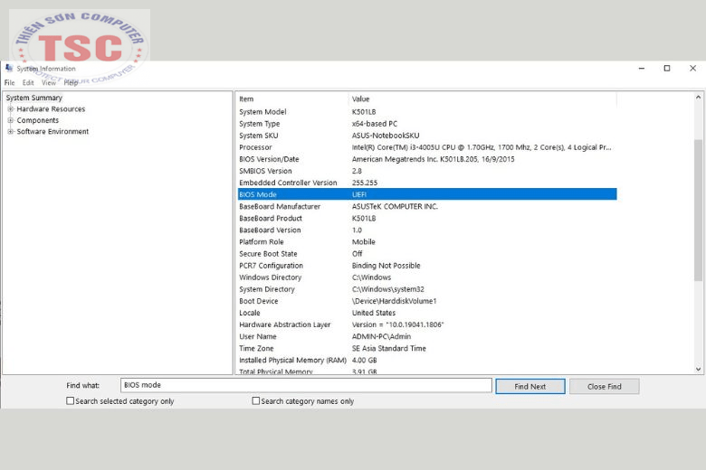 Trong System Summary, kiểm tra mục: BIOS Mode và Secure Boot State.