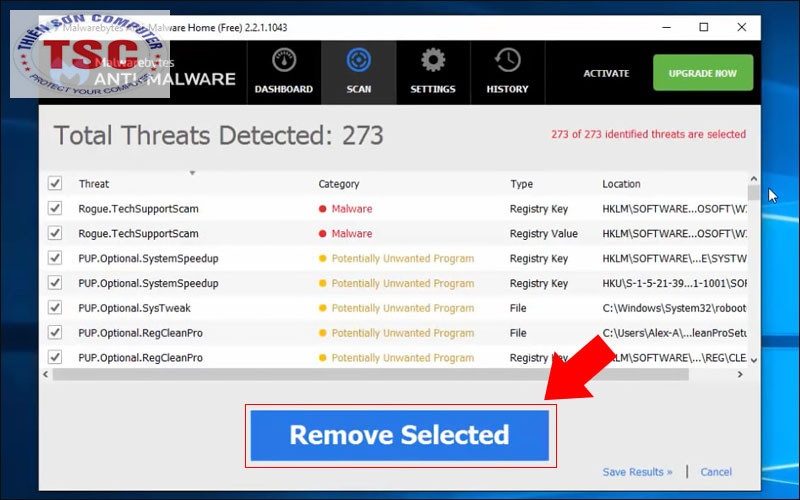 Chọn Remove Selected để xóa bỏ những phần mềm độc hại mà Malwarebytes Anti-Malware đã quét.