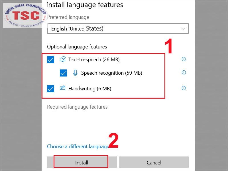 Nhấn Next > Đánh dấu tích vào ô > Chọn Install để thêm ngôn ngữ tiếng Anh.