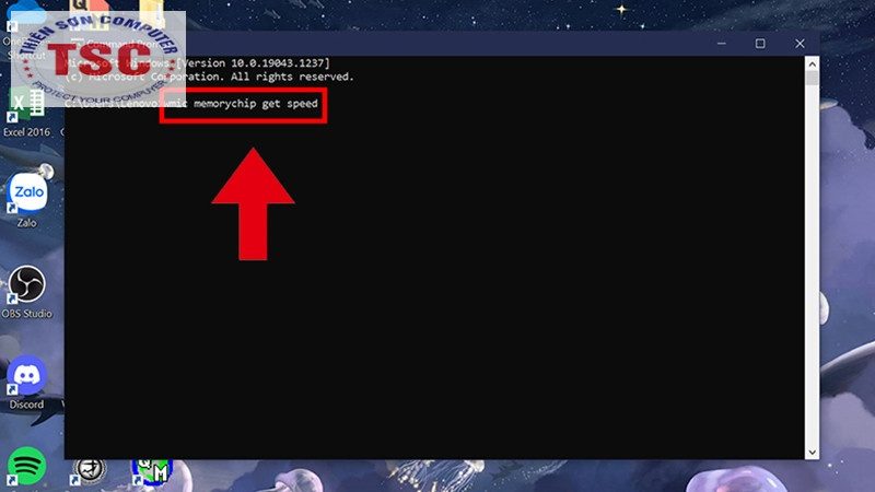Nhập lệnh " wmic memorychip get speed" vào CMD > Enter.