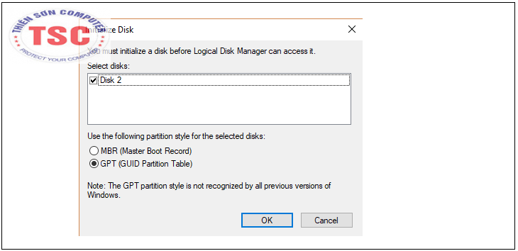 Cửa sổ Initialize Disk hiện ra, bạn chọn dòng GPT và OK.