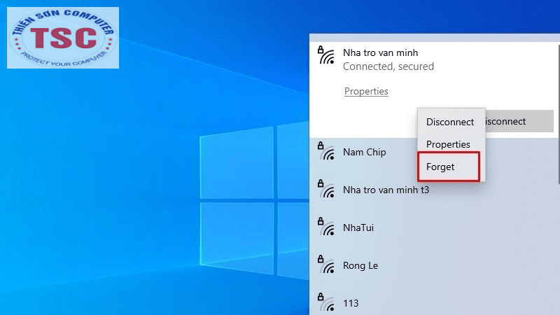 Nhấn chuột trai và chọn mục "Forget" rồi thực hiện kết nối wifi lại.