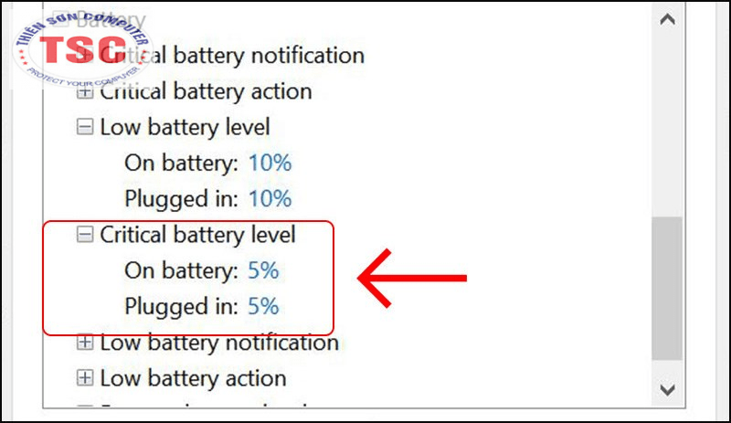 Điều chỉnh On Battery và Plugged In ở mức 5% > OK.
