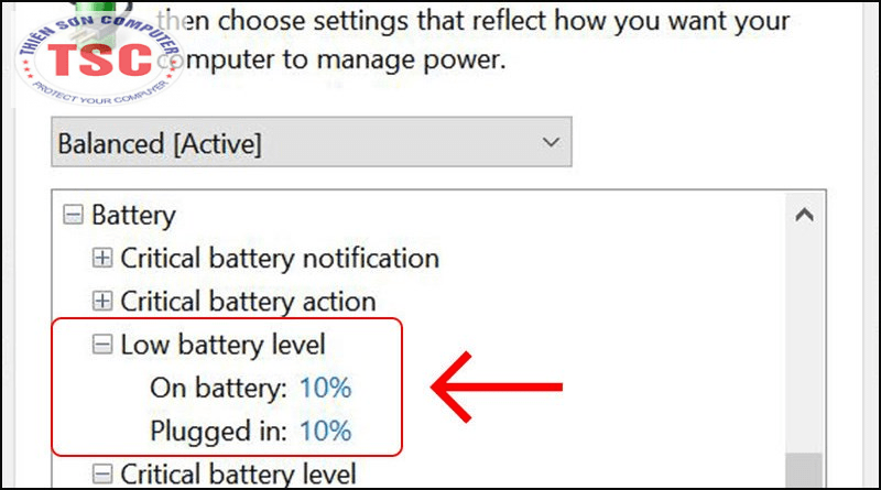 điều chỉnh On Battery và Plugged In ở mức 10%.