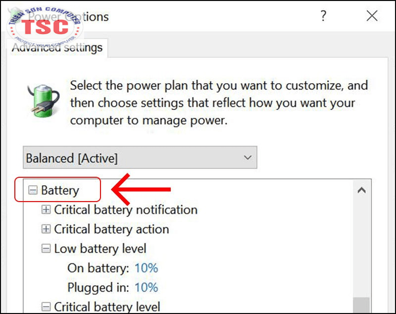 Tìm mục Battery> Chọn dấu + để mở rộng.