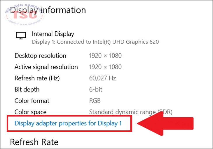 Nhấp chọn Display adapter properties for Display 1.