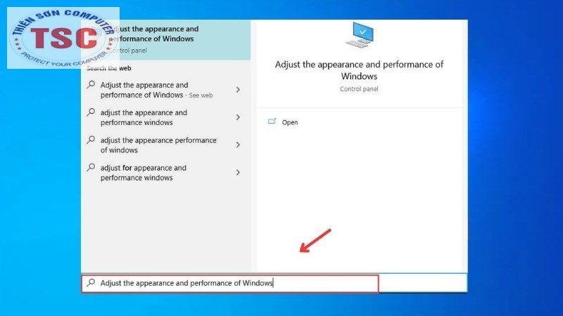 Trên Start Menu > Nhập Adjust the appearance and performance of Windows vào khung Search