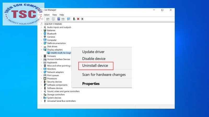 Click chuột phải vào Driver Display > Chọn Uninstall device để gỡ cài đặt driver.