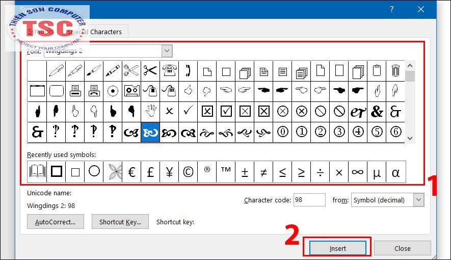 Chọn biểu tượng khác bạn muốn chèn ở hộp Symbols > Nhấn Insert.