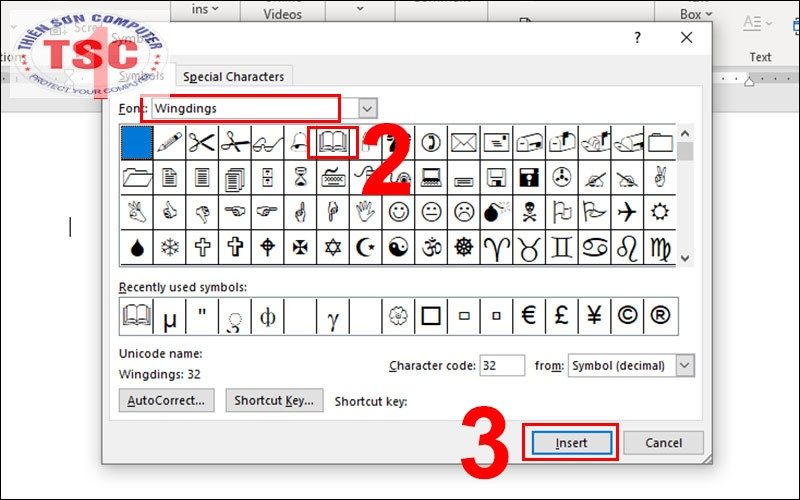 Ở mục Font tìm tới kiểu Wingdings > Chọn biểu tượng quyển sách ở dòng đầu tiên > Nhấn Insert.