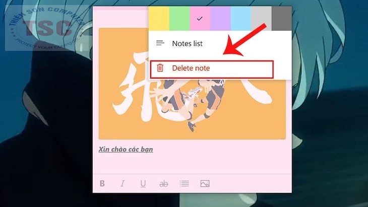 Nhấn icon 3 chấm góc trên bên phải rồi chọn Delete note