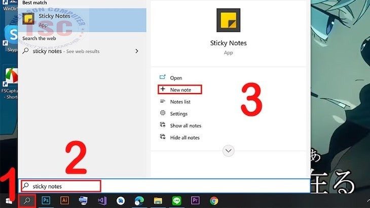 Nhập từ khóa Sticky Notes trên thanh tìm kiếm và chọn New note.