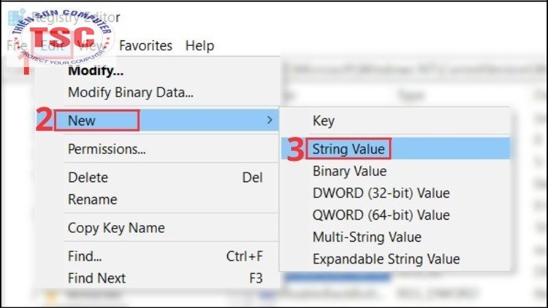 Ở cửa sổ Registry Editor > Chọn Edit > New > String Value.