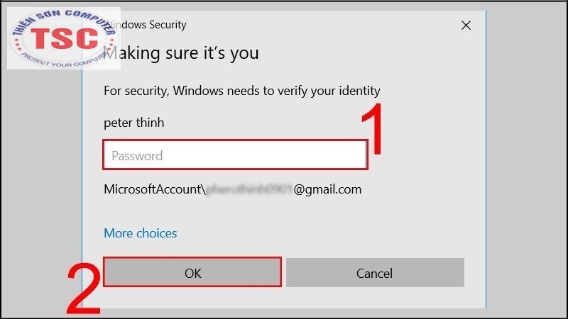 Bạn nhập mật khẩu tài khoản Microsoft hoặc mã PIN được yêu cầu rồi nhấn OK.