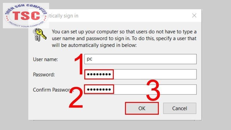 Nhập mật khẩu của bạn > Xác nhận lại thêm lần nữa rồi chọn OK.