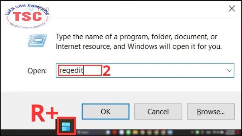 Bấm tổ hợp phím Windows + R . Gõ regedit > Enter.
