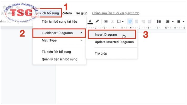 Bạn truy cập vô Google Docs> Chọn Tiện ích bổ sung > Chọn lệnh của tiện ích.