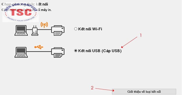 Mình chọn kết nối bằng USB bạn cần liên kết máy tính với máy in bằng cáp USB đi kèm.