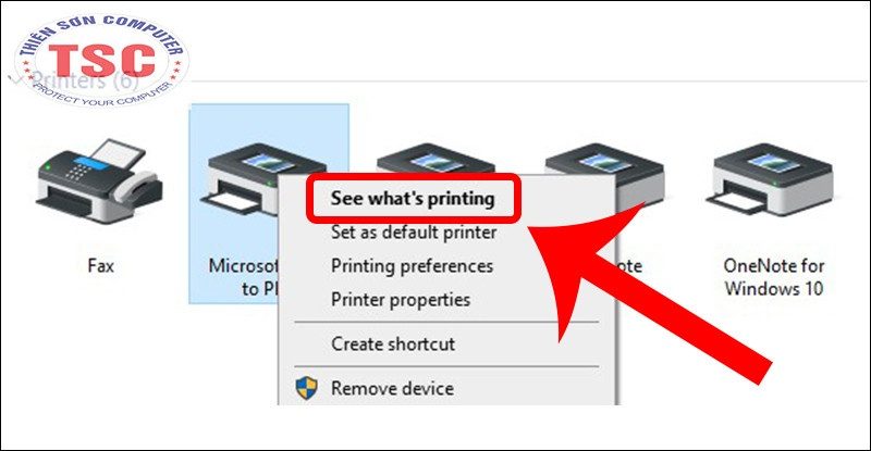 Click chuột phải vào máy in đang bị lỗi nhận lệnh chậm > Chọn See what's printing.