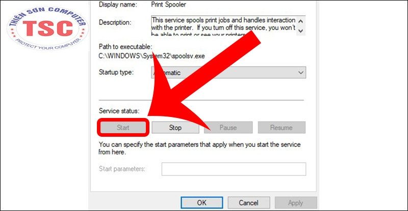 Ở mục Service status, bạn chọn lệnh Start.