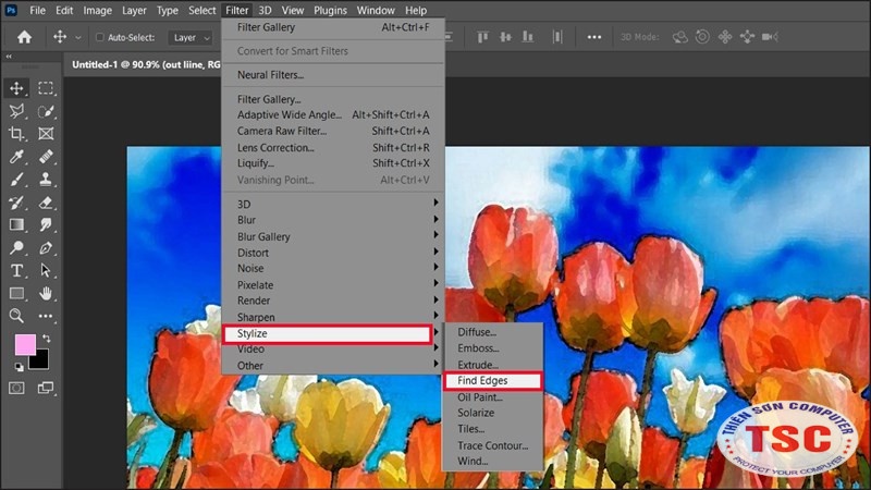 Tại layer bạn chọn Filter > Stylize > Find Edges sẽ hiển thị các đường viền xung quanh.