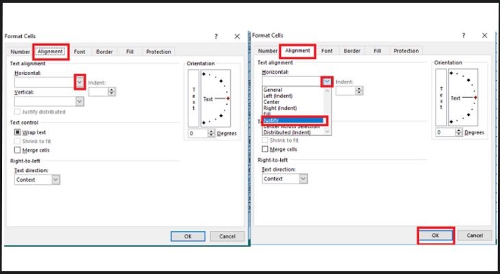 Tiếp theo trong hộp Horizontal bạn chọn mũi tên xuống rồi nhấn chọn Justify sau đó nhấn OK.