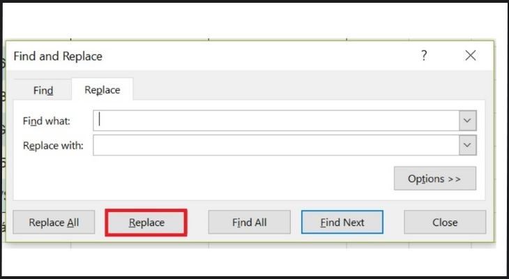 Bạn vào Find & Select trên thanh công cụ rồi chọn Replace