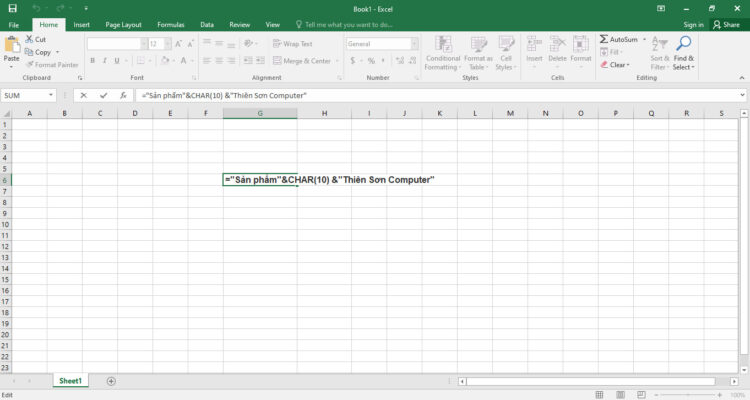 Bạn nhập công thức ="sản phẩm"& CHAR(10) & "Thiên Sơn Computer " rồi nhấn Enter