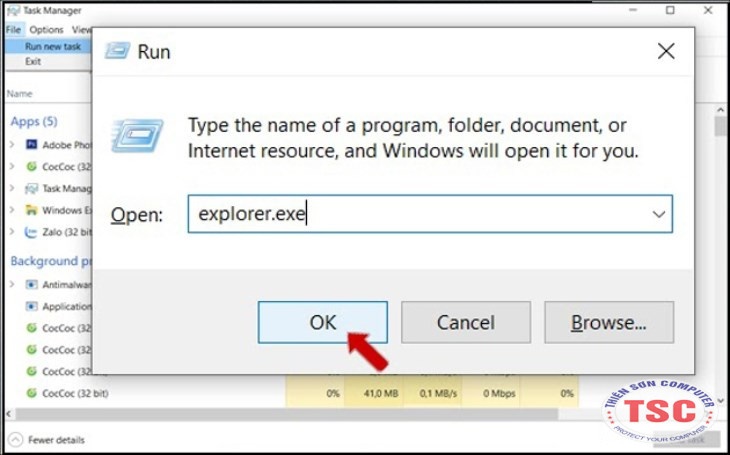 Ở hộp thoại Run, bạn nhập lệnh Explorer.exe vô ô Open rồi nhấn OK để thực hiện lệnh