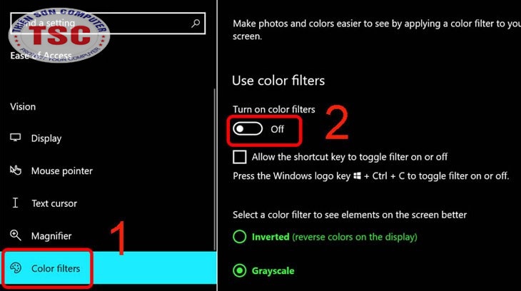 Chọn Color filters > Tắt tùy chọn Turn on color filters.