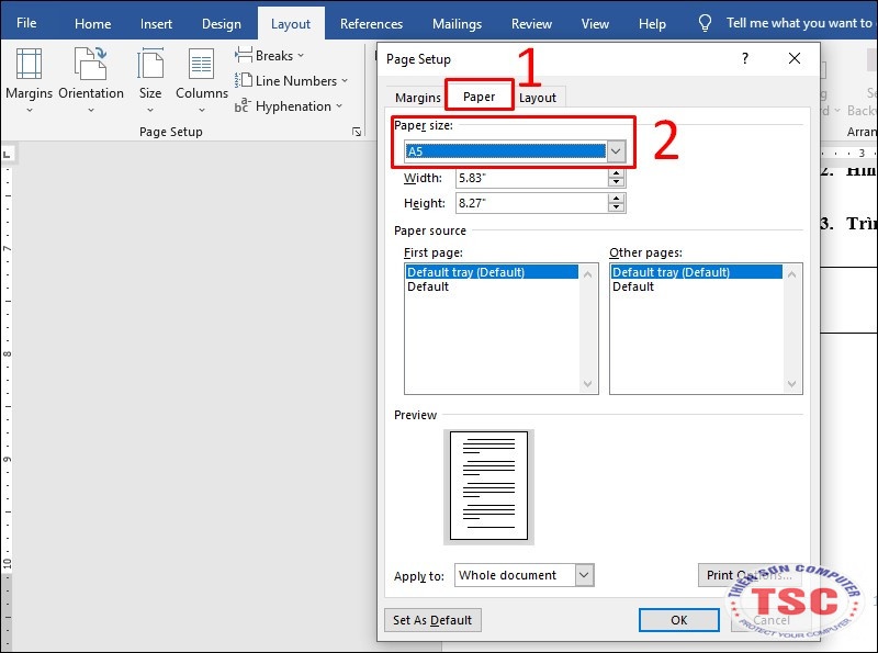 Ở tab Paper, chọn A5 ở Paper Size > Trở lại tab Margins để căn lề rồi chọn OK.