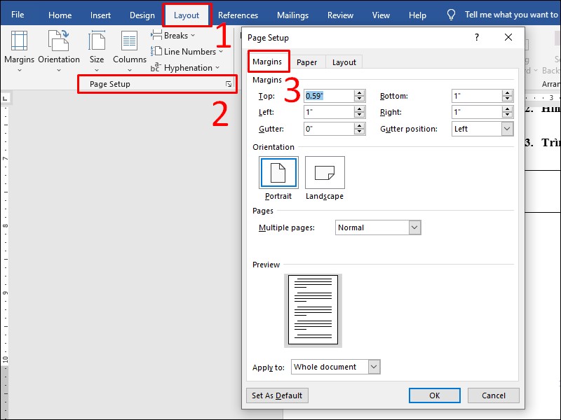 Ngay tab Margins bạn đổi lề của trang phù hợp nhé.