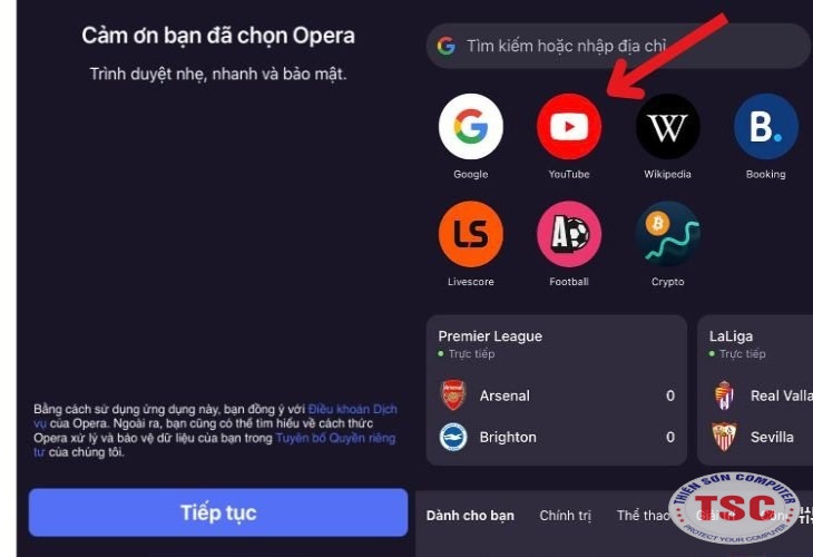 Sau khi tải Opera mini về máy, bạn mở ứng dụng rồi chọn tìm kiếm Youtube