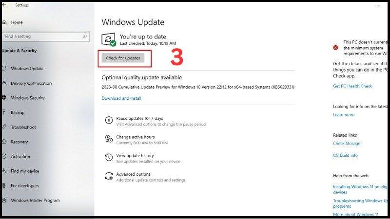 Vào Setting > Chọn Update & Security > Ở Tab Windows Update > Bấm Check for updates