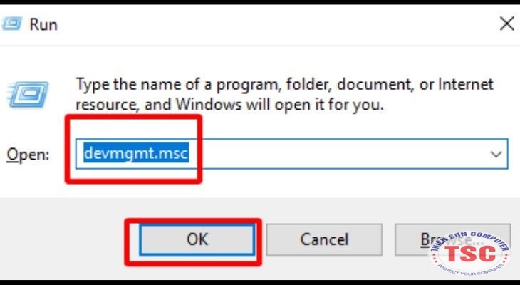 Nhập từ khóa "devmgmt.msc" vào cửa sổ Run rồi chọn Ok để chạy.