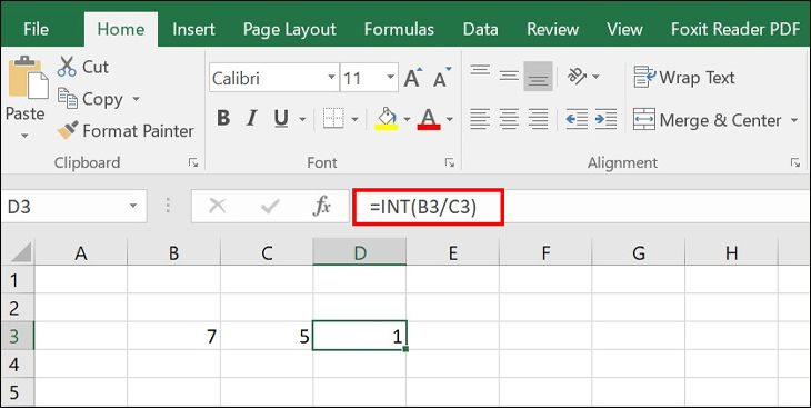 Bạn nhập công thức =INT(B3/C3), kết quả trả về là 1.