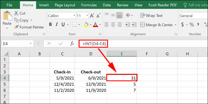 Bạn nhập công thức =INT(D4-C4) trong đó D4 là số ngày check out và C4 là số ngày check in.