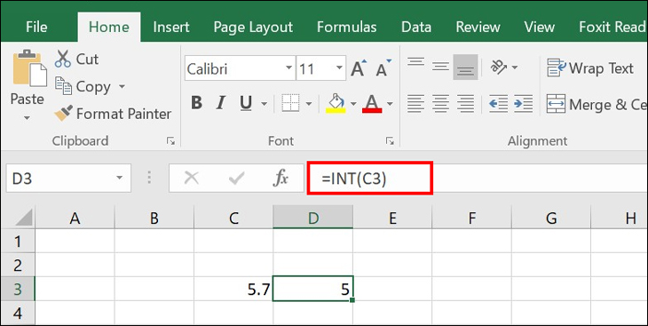 Bạn lấy giá trị phần nguyên của giá trị 5.7 trong ô C3. Bạn nhập công thức =INT(C3) và kết quả sẽ trả về là 5.