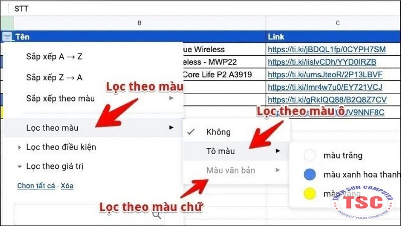 Chọn lọc theo màu > Chọn màu muốn lọc , khi này các ô có màu trùng với màu được chọn sẽ tự hiển thị.