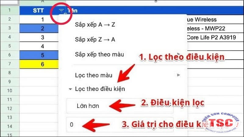 Chọn lọc theo điều kiện rồi chọn Không có để hiển thị thêm nhiều điều kiện lọc