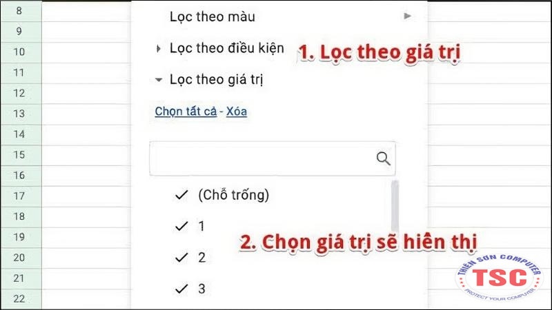 Chọn lọc theo giá trị > Chọn giá trị bạn muốn, bạn có thể dùng Chọn tất cả hoặc Xóa để bỏ mọi giá trị đã chọn trước đó