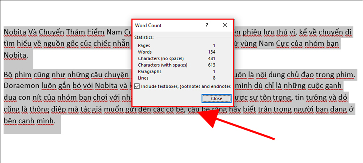 Cửa sổ Word Count xuất hiện ở đây bạn xem thông tin số ký tự, dòng, trang.