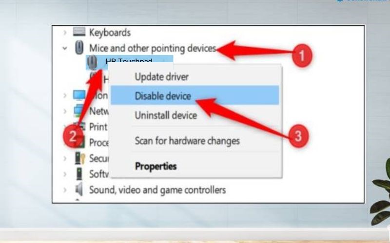 Click chuột phải vô driver chuột cảm ứng > Chọn Disable Device.