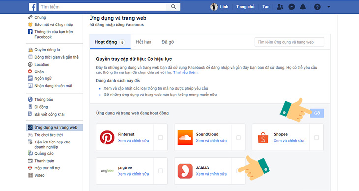 Click chọn ứng dụng mà bạn không muốn liên kết với Facebook của mình > Rồi chọn Gỡ